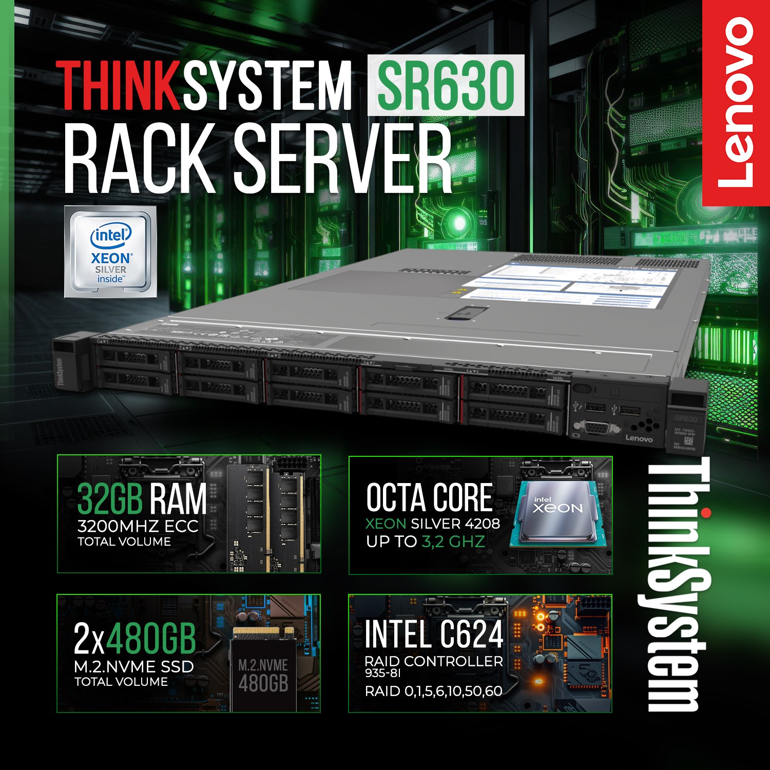 Lenovo ThinkSystem SR630/1U-RackMount/Xeon 4208/32GB-3200/2x480GB SSD