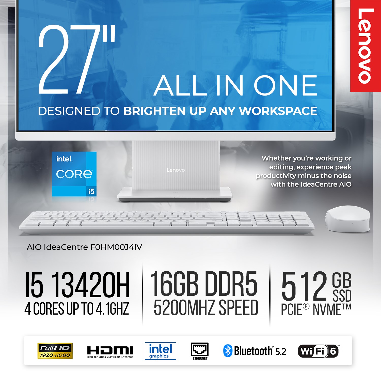 Lenovo AIO 27" /I5-13420H/512GB/16GB/1YR/GREY/FD