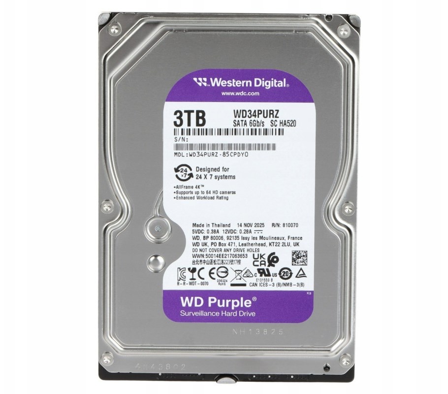 WD PURPLE 3TB 256MB SATA III 6GB/s 34PURZ